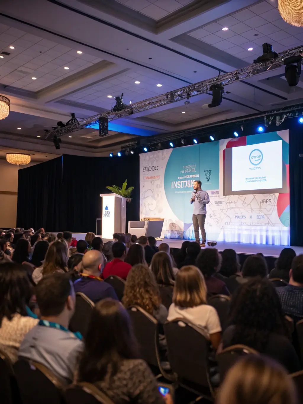 A photograph depicting the opening keynote speaker delivering an engaging presentation at the Educational Business Congress, with the audience attentively listening.
