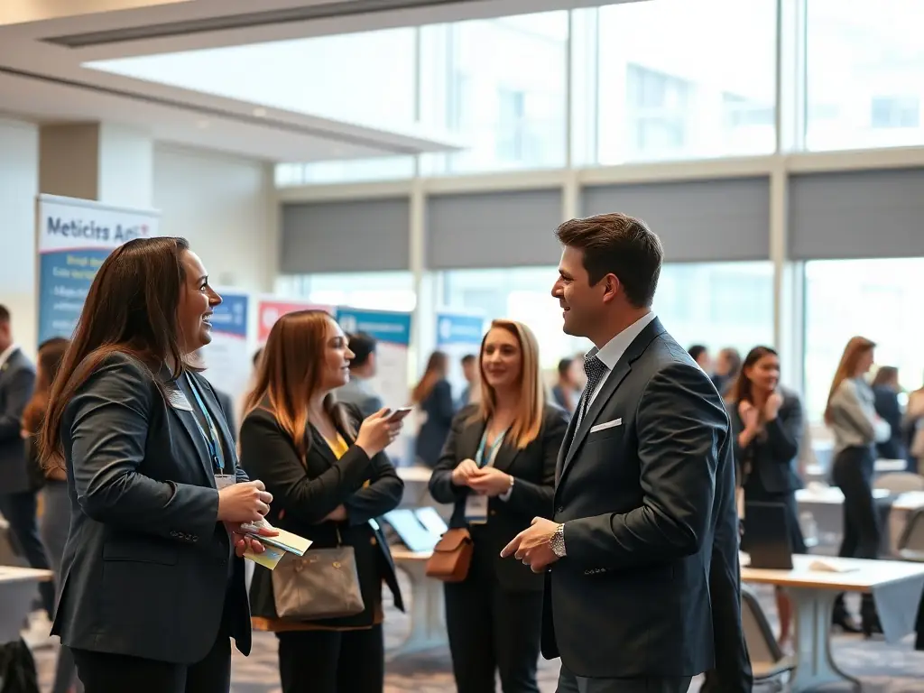 A networking session at the Educational Business Congress, showing professionals connecting and exchanging ideas on economic planning and financial growth.