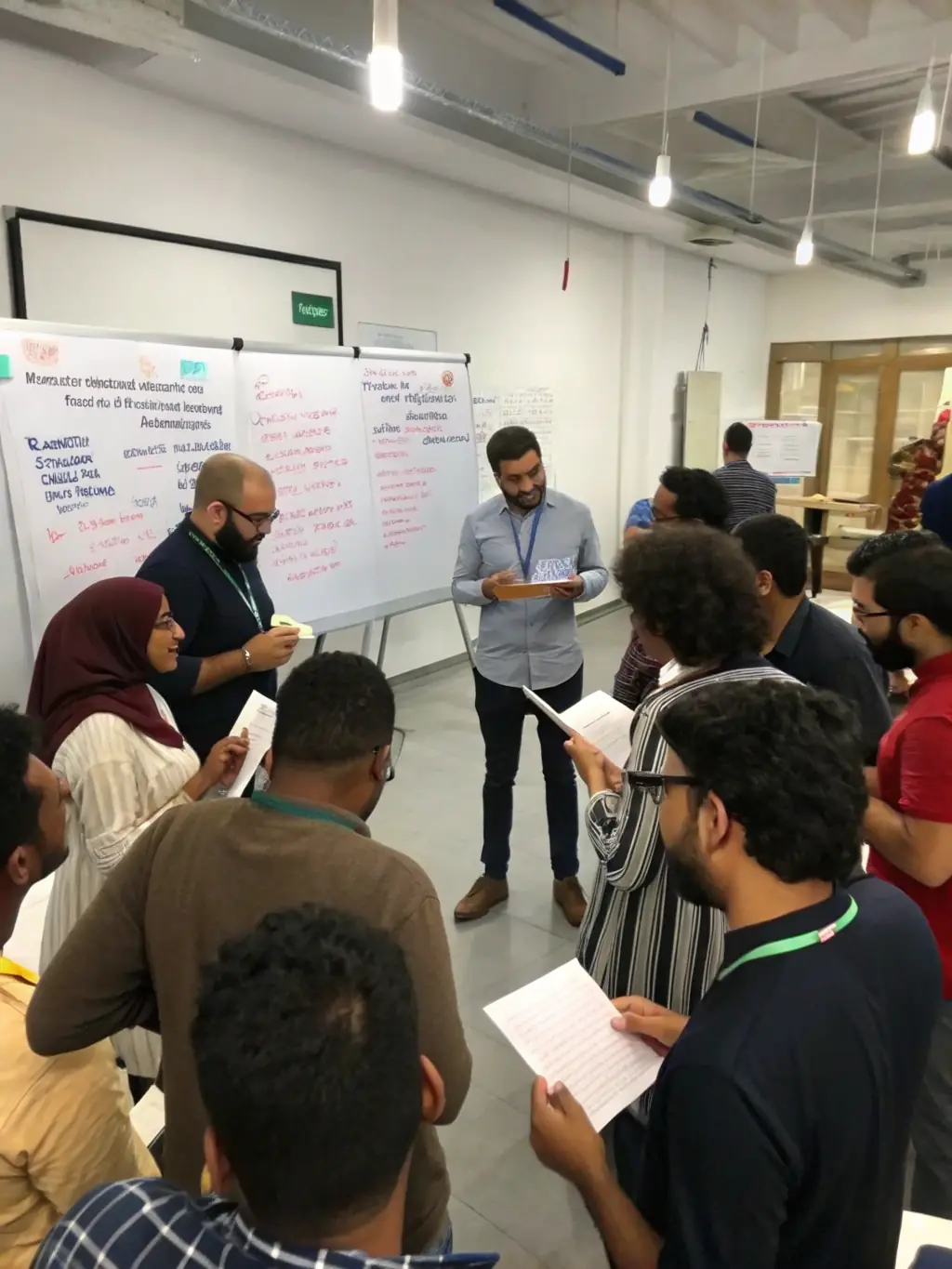 A photograph capturing a workshop session in progress, showing participants actively engaged in a discussion about investment strategies.